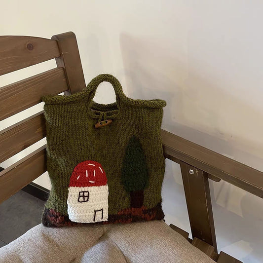 Knitted Bag, Crochet Bag with Mushroom House Pattern